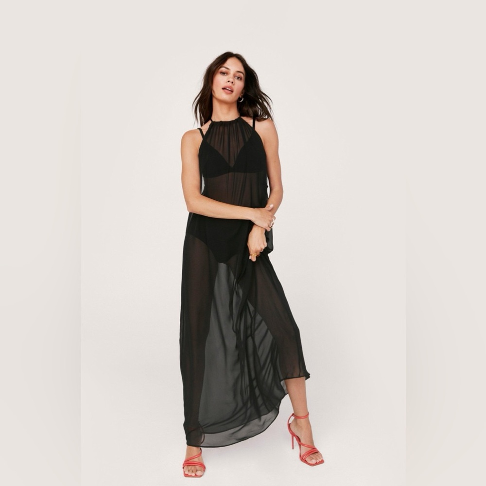 NASTY GAL SHEER BLACK Chiffon Ruched Halter Maxi Beach Cover Up Dress